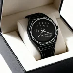 Relógio científico preto com mostrador digital, design moderno e elegante, apresentado em uma caixa de apresentação. Perfeito para os amantes de ciência e estilo contemporâneo.