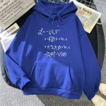 Camisola com capuz azul com fórmulas matemáticas impressas, ideal para os amantes de ciência e moda, perfeita para uma roupa descontraída ou uma decoração de estilo científico.