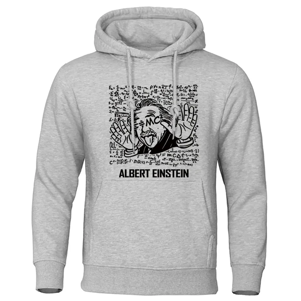 Camisola com capuz cinza com ilustração humorística de Albert Einstein fazendo um gesto de paz, rodeado de fórmulas matemáticas e científicas.