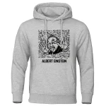 Camisola com capuz cinza com ilustração humorística de Albert Einstein fazendo um gesto de paz, rodeado de fórmulas matemáticas e científicas.