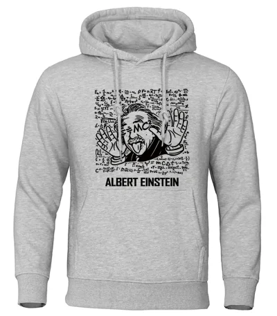 Camisola com capuz cinza com ilustração humorística de Albert Einstein fazendo um gesto de paz, rodeado de fórmulas matemáticas e científicas.