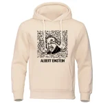 Camisola com capuz branca com ilustração de Albert Einstein fazendo um gesto com a mão, rodeado de equações científicas, perfeita para os amantes de ciência e decoração geek.