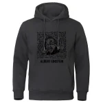 Roupa com capuz preta com ilustração humorística de Albert Einstein, representando o famoso cientista com um estilo gráfico moderno.