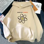 Roupa com capuz com padrão atômico e texto "Quantum Physics" para apaixonados por ciência.