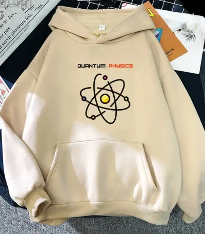 Roupa com capuz com padrão atômico e texto "Quantum Physics" para apaixonados por ciência.