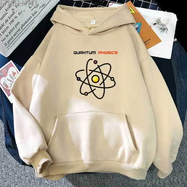 Roupa com capuz com padrão atômico e texto "Quantum Physics" para apaixonados por ciência.