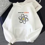 Roupa com capuz branca com logotipo atômico e texto "Quantum Physics" para os amantes de ciência.
