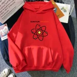 Casaco com capuz vermelho com padrão atômico e texto "Quantum Physics" para apaixonados por ciências. Confortável e estiloso, ideal para os amantes de física quântica.