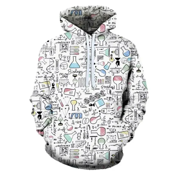 Roupa com capuz com padrões de símbolos e instrumentos científicos e biológicos. Design original para apaixonados por ciência e pesquisa.