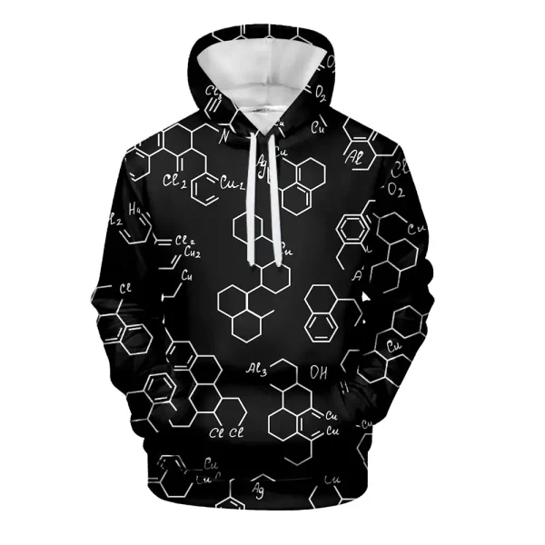 Casaco com capuz com padrão molecular em branco sobre fundo preto, inspirado na química e ciências. Perfeito para os amantes de ciência e decoração original.