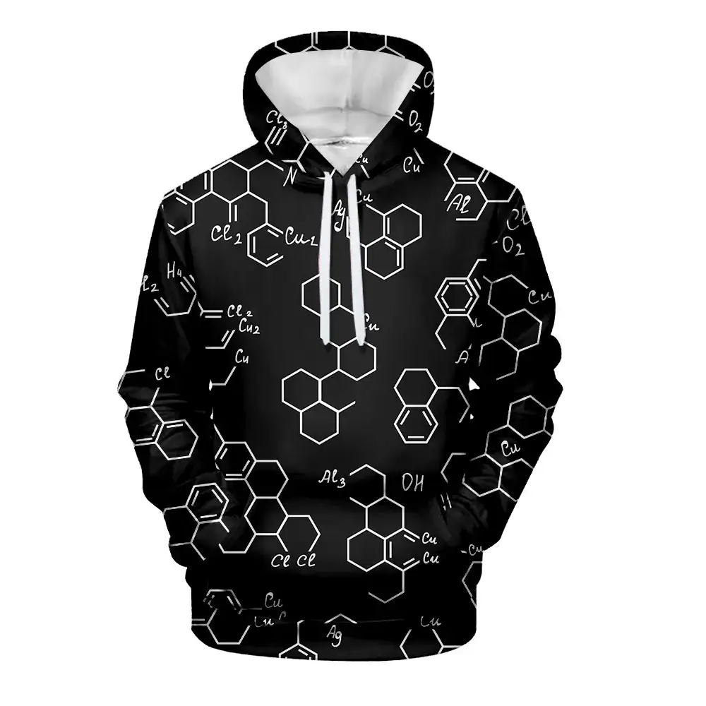 Casaco com capuz com padrão molecular em branco sobre fundo preto, inspirado na química e ciências. Perfeito para os amantes de ciência e decoração original.