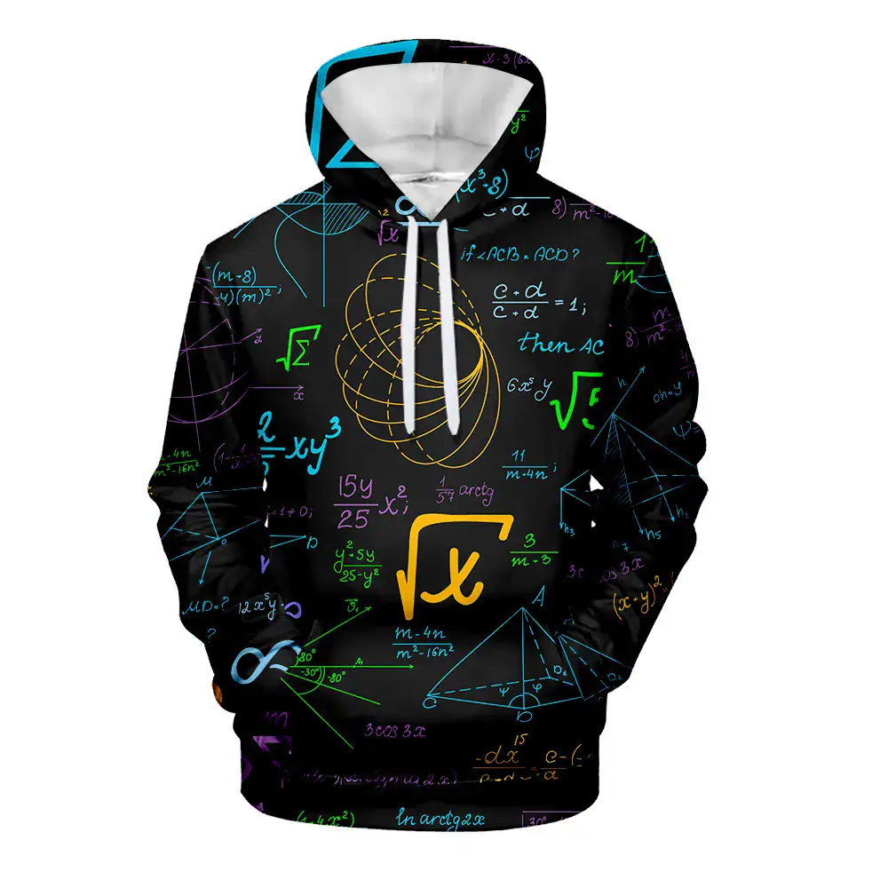 Roupa com capuz com padrões de fórmulas matemáticas e equações científicas, perfeita para os amantes de ciências e educação.