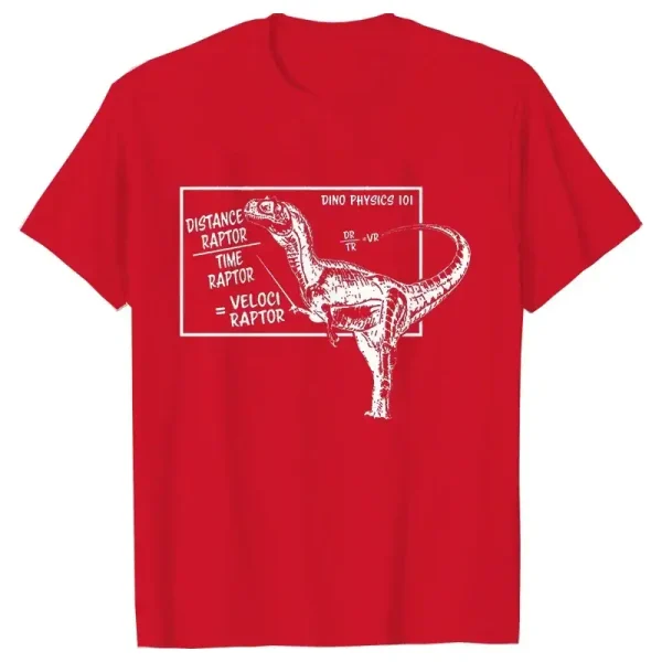 T-shirt vermelha com ilustração de um dinossauro e notas de física, perfeita para amantes de ciência e dinossauros.