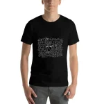T-shirt preta com design gráfico molecular branco, perfeita para os amantes de ciência e química, combinando estilo e paixão pela pesquisa científica.
