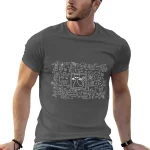 T-shirt cinza com padrão científico com um gato desenhado no centro, rodeado de símbolos e equações. Perfeito para os amantes de ciência e decoração geek.