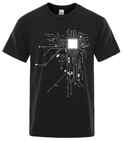 T-shirt preto com design de circuito eletrônico branco, perfeito para os amantes de tecnologia e engenharia.