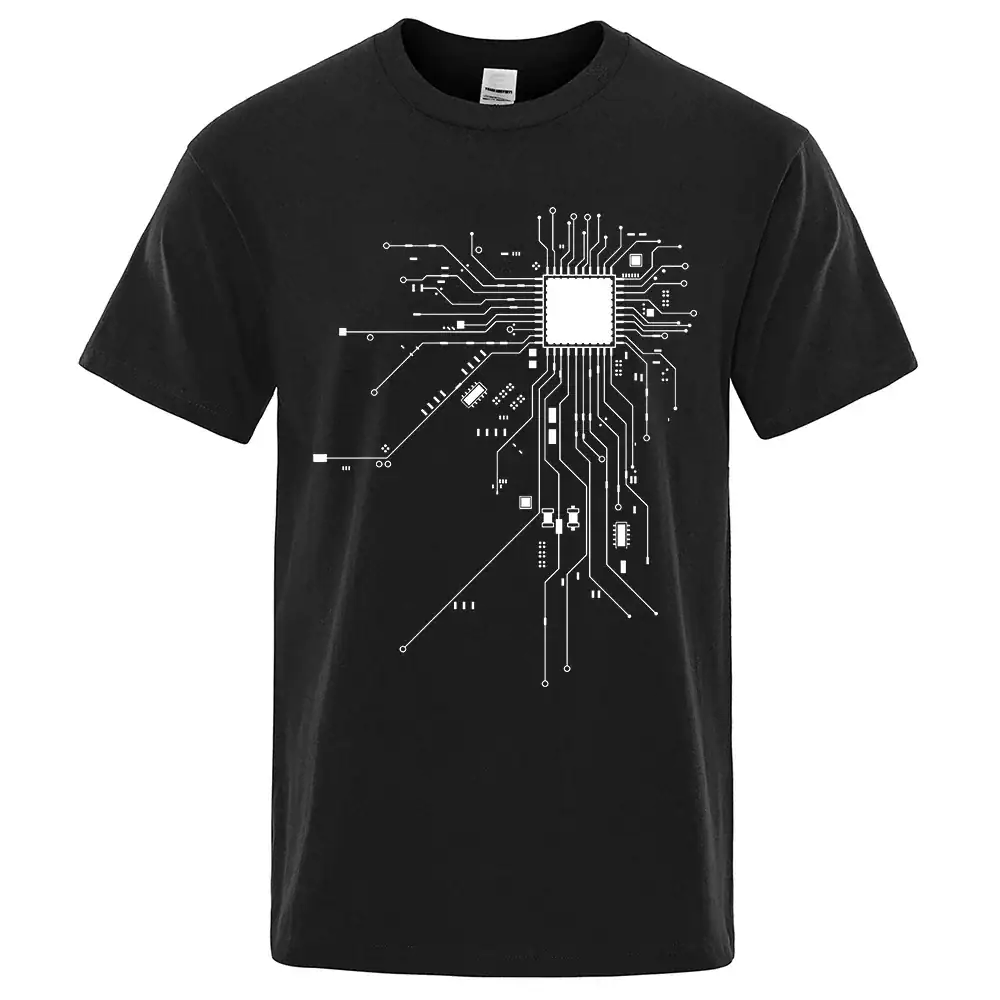 T-shirt preto com design de circuito eletrônico branco, perfeito para os amantes de tecnologia e engenharia.