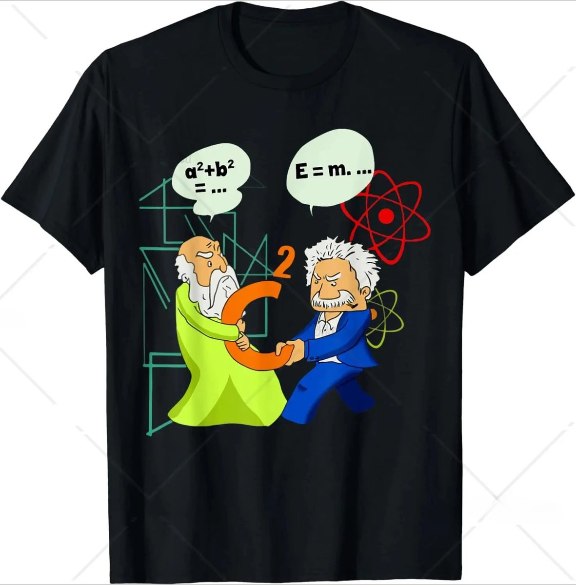 t-shirt-humor-ciencia-1 Pingente científico ilustrado com duas personagens caricaturais trocando um símbolo matemático, rodeados de fórmulas e ícones atômicos, representando a ciência e a pesquisa.