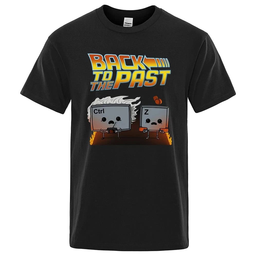 T-shirt preta com ilustração de duas teclas de teclado, uma com "Ctrl" e outra com "Z", simbolizando a restauração.