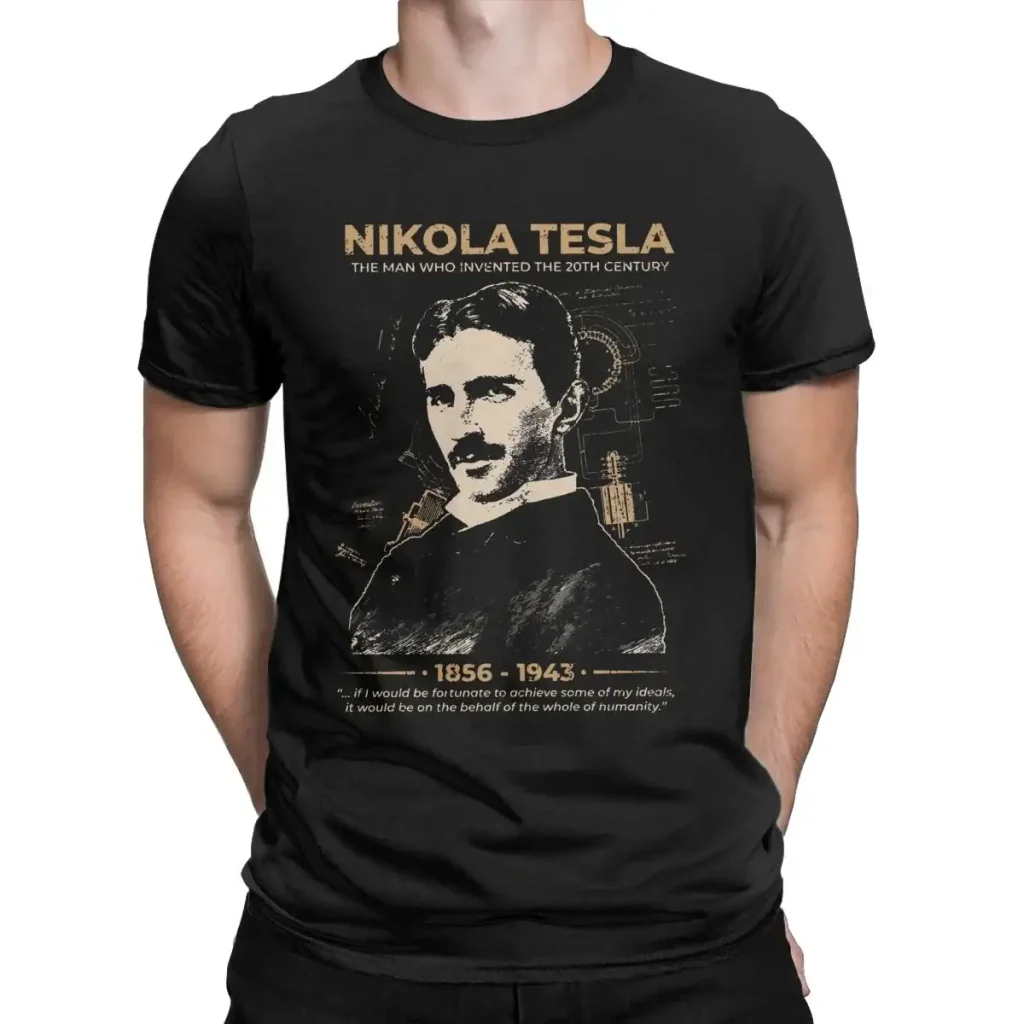 T-shirt preto com retrato de Nikola Tesla, inventor e engenheiro, ilustrando sua contribuição para a ciência e tecnologia.