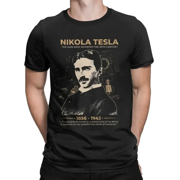 T-shirt preto com retrato de Nikola Tesla, inventor e engenheiro, ilustrando sua contribuição para a ciência e tecnologia.