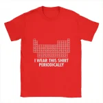T-shirt vermelha com um padrão de tabela periódica dos elementos e a frase "I WEAR THIS SHIRT PERIODICALLY" em branco, ideal para os amantes de ciência e química.