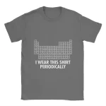 T-shirt cinza com uma tabela periódica e o texto "I WEAR THIS SHIRT PERIODICALLY" em branco, perfeito para os amantes de química e ciências.