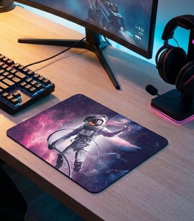 Tapete de escritório com padrão de astronauta no espaço, ideal para uma decoração científica e moderna.