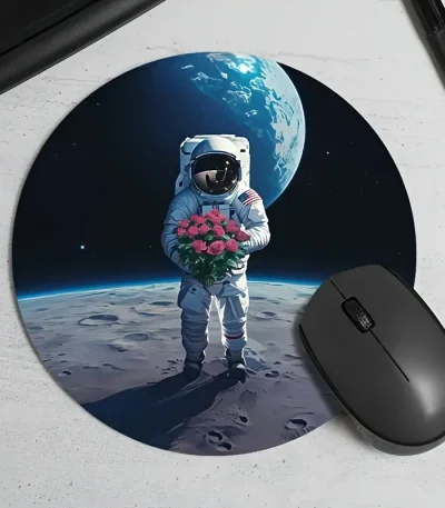 Ilustração de um astronauta segurando um ramo de flores na superfície lunar com a Terra ao fundo, simbolizando a paz e a exploração espacial.