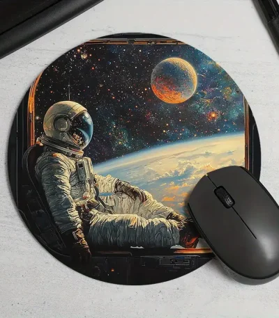 Astronauta flutuando no espaço com vista da Terra e um planeta.