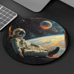 Roupa de decoração espacial representando um astronauta flutuando no espaço com a Terra ao fundo, ideal para uma decoração temática científica ou espacial.