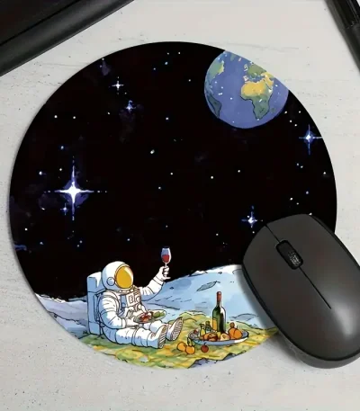 Painel de rato ilustrado com um astronauta degustando um copo de vinho na Lua, com a Terra ao fundo no espaço.