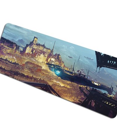 Ilustração de uma nave espacial futurista sobrevoando uma cidade high-tech com estruturas modernas e montanhas ao fundo, em um estilo artístico digital.