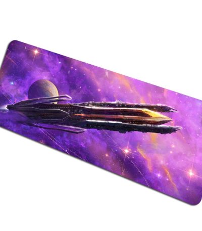 Ilustração de uma nave espacial futurista navegando em um universo colorido com estrelas e um planeta ao fundo.