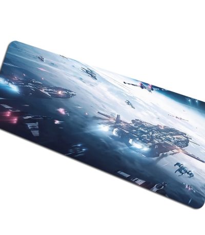 Nave espacial futurista em voo no espaço com luzes brilhantes e um fundo estrelado, ilustrando a ficção científica e a exploração espacial.
