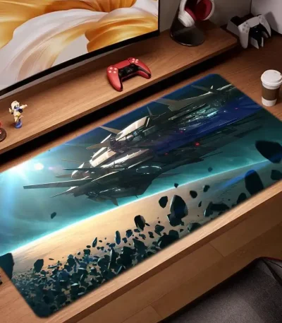 Tapete de escritório com design de nave espacial futurista e espaço cósmico, ideal para os amantes de ficção científica e decoração moderna.