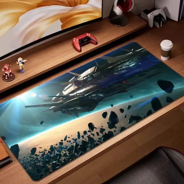 Tapete de escritório com design de nave espacial futurista e espaço cósmico, ideal para os amantes de ficção científica e decoração moderna.