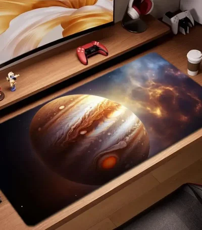 Tapete de escritório com imagem de Júpiter e do espaço, perfeito para os amantes de astronomia e ciência. Adicione um toque cósmico ao seu espaço de trabalho ou de jogo com este tapete único.