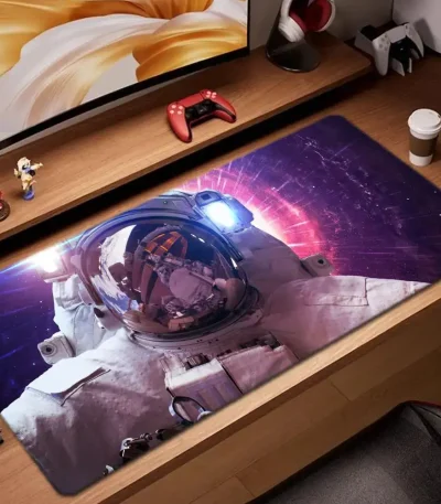 Painel de escritório com mouse pad representando um astronauta no espaço, cercado por figuras e objetos relacionados à ciência e tecnologia.