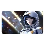Um personagem feminino em traje espacial num cenário cósmico com estrelas e nebulosas.