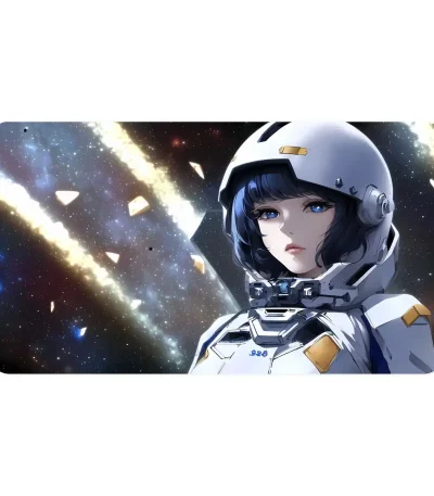 Um personagem feminino em traje espacial num cenário cósmico com estrelas e nebulosas.