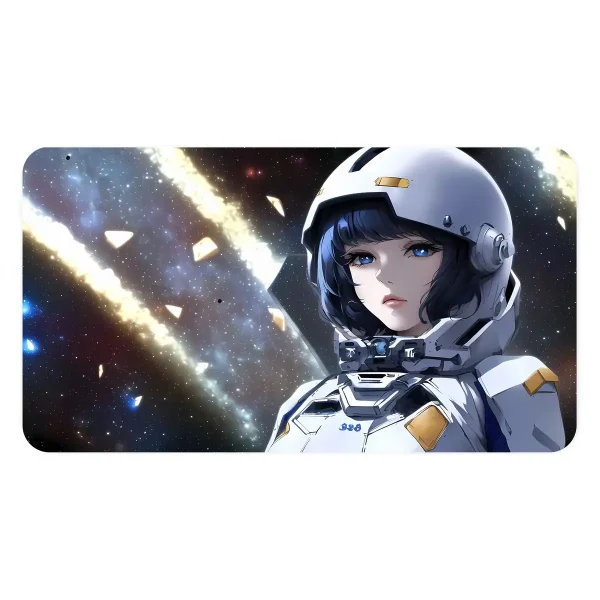 Um personagem feminino em traje espacial num cenário cósmico com estrelas e nebulosas.