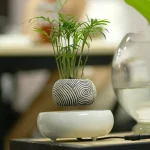 Vaso decorativo em forma de espiral com uma planta verde, ideal para decoração interior científica e moderna.