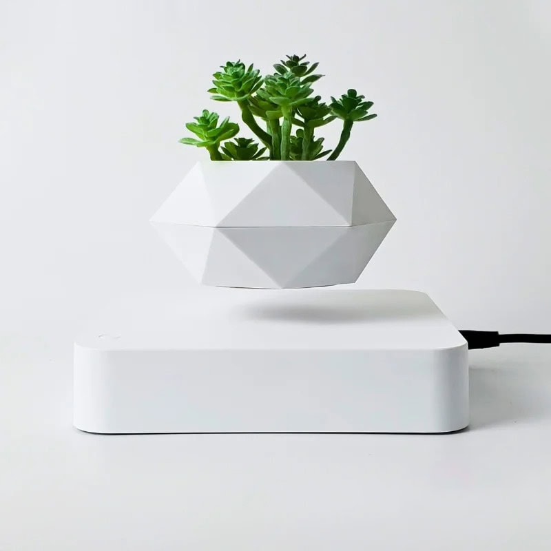 vaso-flutuante-magnetico-branco-1 Vaso moderno em forma geométrica com suculentas verdes, ideal para decoração interior científica e elegante.