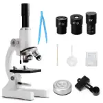 Microscope scientifique avec objectifs, pince, coton-tige, et accessoires pour expériences. Parfait pour la recherche, l'éducation et la décoration scientifique.