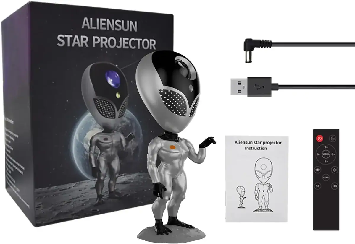 Vente de projecteur d'étoiles AlienSun Projecteur d'étoiles AlienSun avec figurine d'extraterrestre, câble USB et télécommande, idéal pour décoration scientifique et ambiance cosmique.