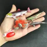 Collection de figurines de poissons et créatures marines en plastique coloré, idéales pour la décoration scientifique ou éducative.