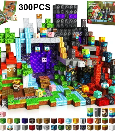Puzzle de blocos Minecraft com personagens e elementos de decoração.