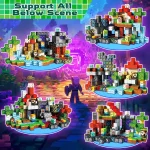 Vitrine apresentando criações em blocos luminosos e coloridos, inspiradas em temas científicos e fantásticos, perfeitas para decoração ou coleção.