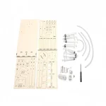 Kit de peças em madeira para construção de robô com motores, antenas e ferramentas, ideal para projetos educativos e DIY em ciência e tecnologia.